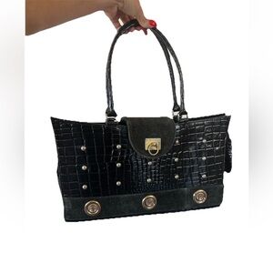 VTG RENAISSANCE Black Textured Leather & Suede Embellished Shoulder Bag